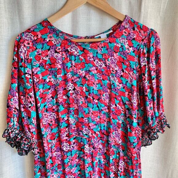 RIXO Womens Bold Floral Dress 16W 18W Short Sleeve Ruffle Hem Mini Boho Party - Picture 2 of 16